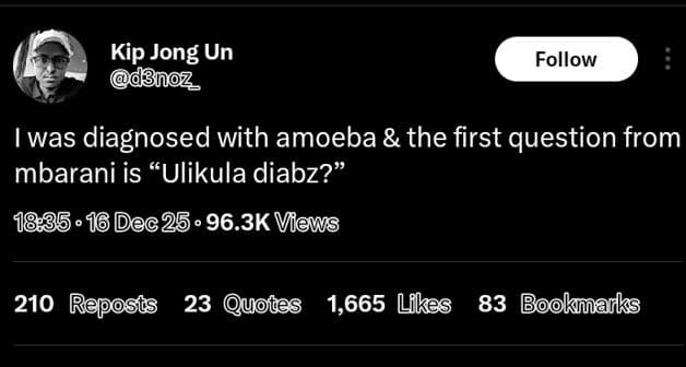 Kip jong un noz follow was diagnosed with amoeba the first question from mbarani