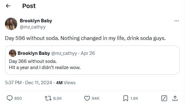 Post brooklyn baby mz_cathyy day 596 without soda. nothing changed in my life dr