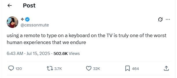 Post cessonmute using a remote to type on a keyboard on the tv is truly one of t