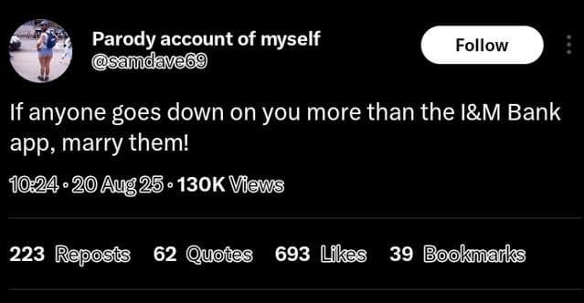 Parody account of myself andave6e follow if anyone goes down on you more than th