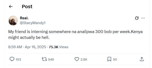 Post real. stacymandyi my friend is interning somewhere na analipwa 300 bob per