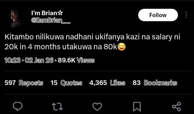I'm brianx añbrian follow kitambo nilikuwa nadhani ukifanya kazi na salary ni 20