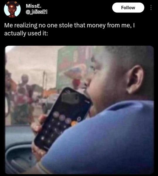 Misse. mmisset follow me realizing no one stole that money from me, actually use