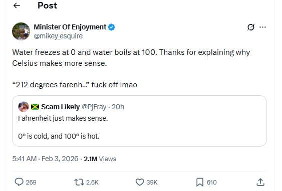 Post minister of enjoyment mikey_esquire water freezes at 0 and water boils at 1