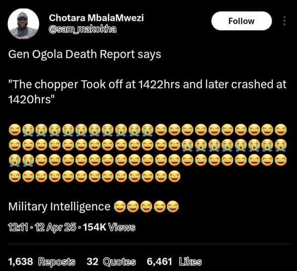Chotara mbalamwezi sañmakokha follow gen ogola death report says the chopper too