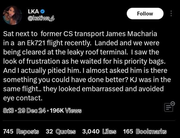 Lka katwag follow sat next to former cs transport james macharia in a an ek721 f