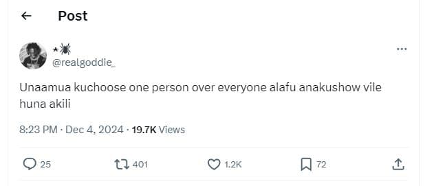 Post realgoddie unaamua kuchoose one person over everyone alafu anakushow vile h