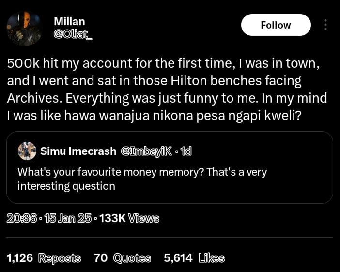 Millan dlat _ follow 500k hit my account for the first time was in town, and i w