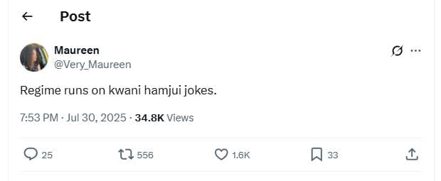 Post maureen very_maureen regime runs on kwani hamjui jokes 7.53 pm jul 30, 34.8