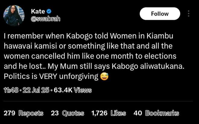 Kate wabrah follow remember when kabogo told women in kiambu hawavai kamisi or s