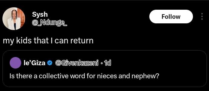 Sysh ndunge follow my kids that i can return le'giza givenkazeni 1d is there a c