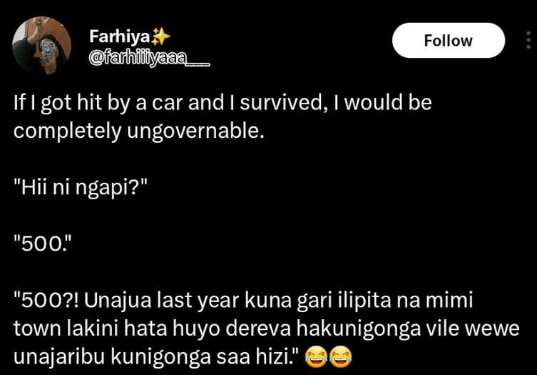 Farhiya farhidiy follow if i got hit by a car and i survived, 1 would be complet