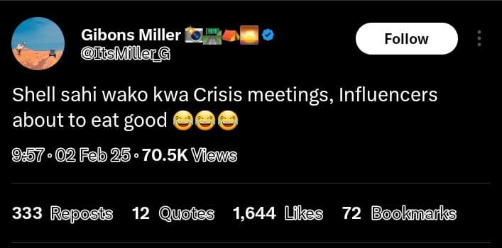 Gibons miller ilsmiller follow shell sahi wako kwa crisis meetings, influencers