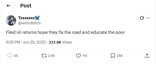 Post tessssss8 welrdbitch filed nil returns hope they fix the road and educate t