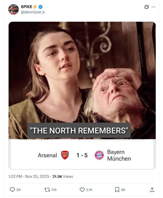 Spike dennizzer_k 'the north remembers arsenal 1 5 bayern münchen 1.32 pm nov 25