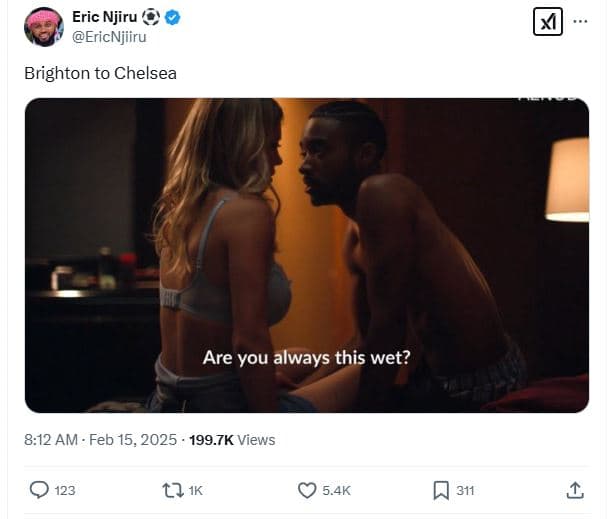 Eric njiru ericnjiiru brighton to chelsea are you always this wet? 8.12 am feb 1