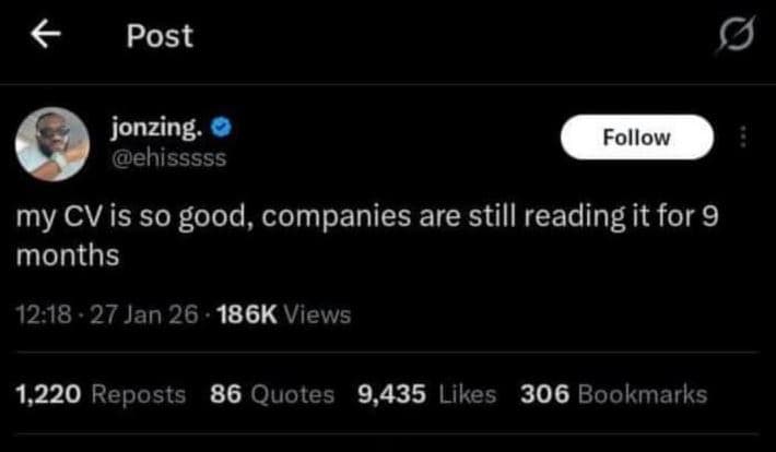 Post jonzing. ehisssss follow my cvis so good, companies are still reading it fo