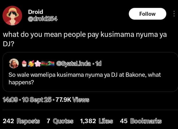 Droid droid254 follow what do you mean people pay kusimama nyuma ya dj? talinda