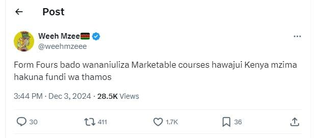 Post weeh mzee weehmzeee form fours bado wananiuliza marketable courses hawajui