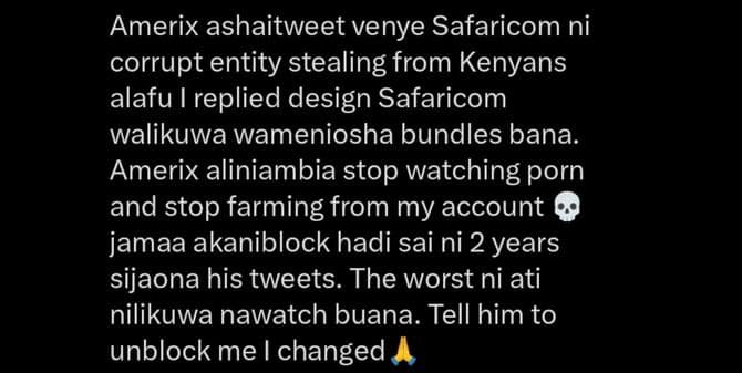Amerix ashaitweet venye safaricom ni corrupt entity stealing from kenyans alafu