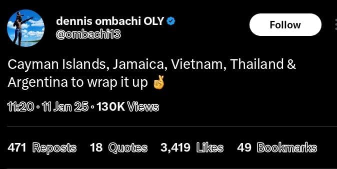 Dennis ombachi oly ombachilg follow cayman islands, jamaica, vietnam thailand ar