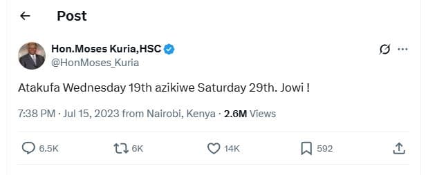 Post hon moses kuria,hsc honmoses_kuria atakufa wednesday 19th azikiwe saturday