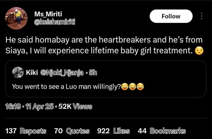 Ms miriti keishamirft follow he said homabay are the heartbreakers and he's from