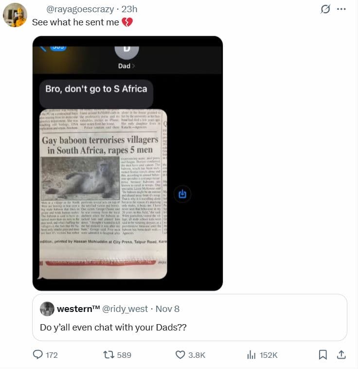 Rayagoescrazy 23h see what he sent me dad bro, don't go to africa gay baboon ter