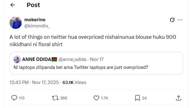 Post mokorino kimondio _ alot of things on twitter hua overpriced nishainunua bl