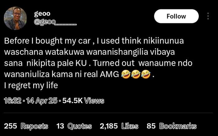 Geoo follow before bought my car used think nikiinunua waschana watakuwa wananis