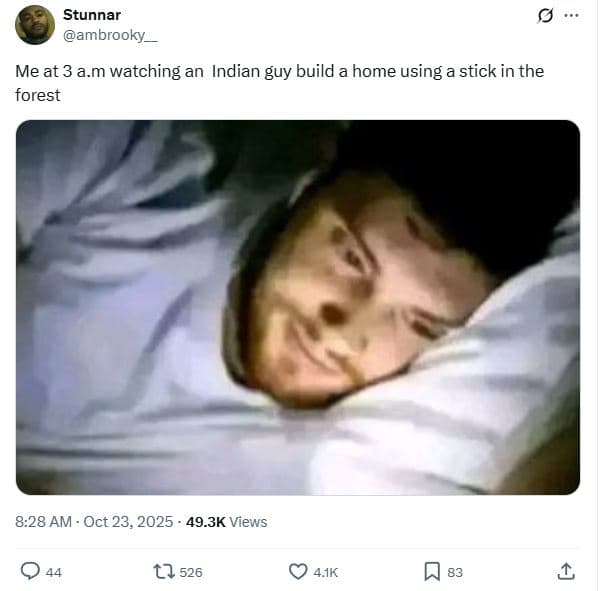 Stunnar ambrooky me at 3 a.m watching an indian guy build a home using a stick i