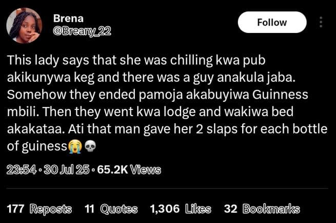 Brena breany22 follow this lady says that she was chilling kwa pub akikunywa keg