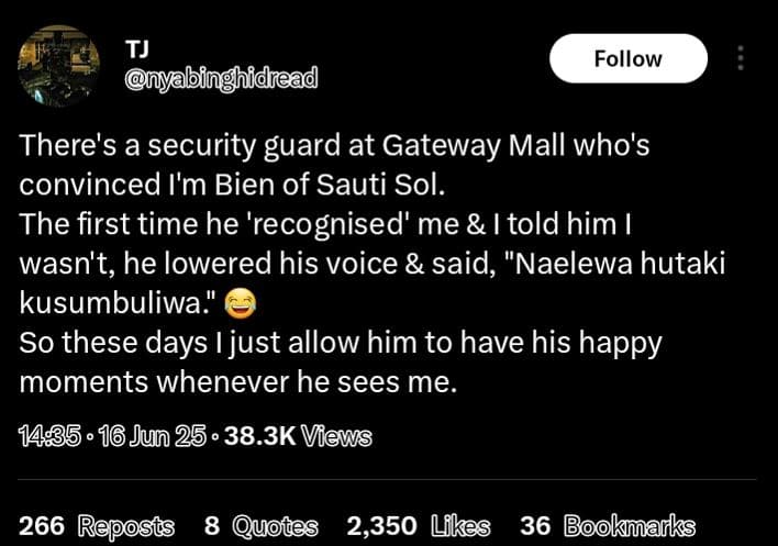 Tj onyabinghidead follow there's a security guard at gateway mall who's convince